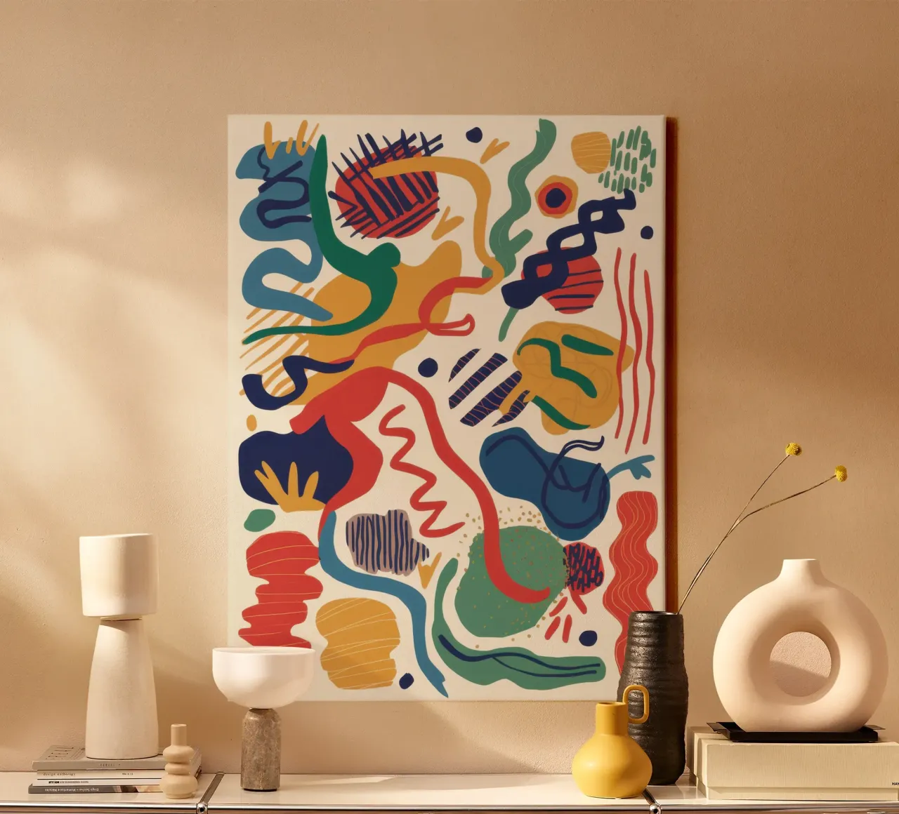 Speelse abstracte medley canvas met Baklijst van Flock Reverie