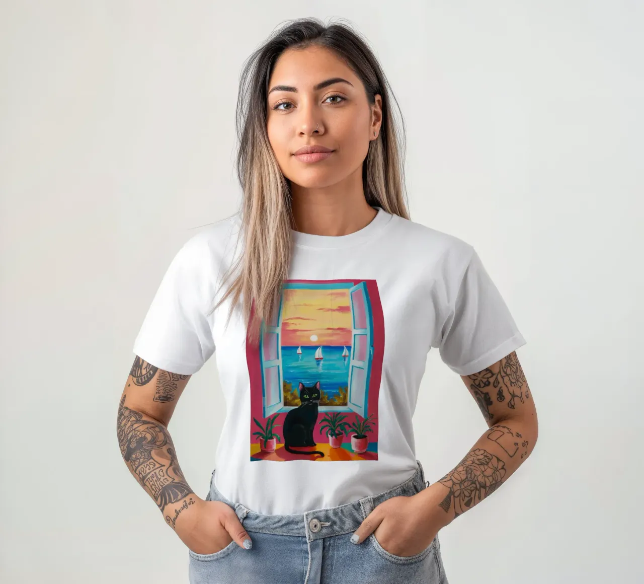 Cat Window on the Sea t-shirt by Flock Reverie