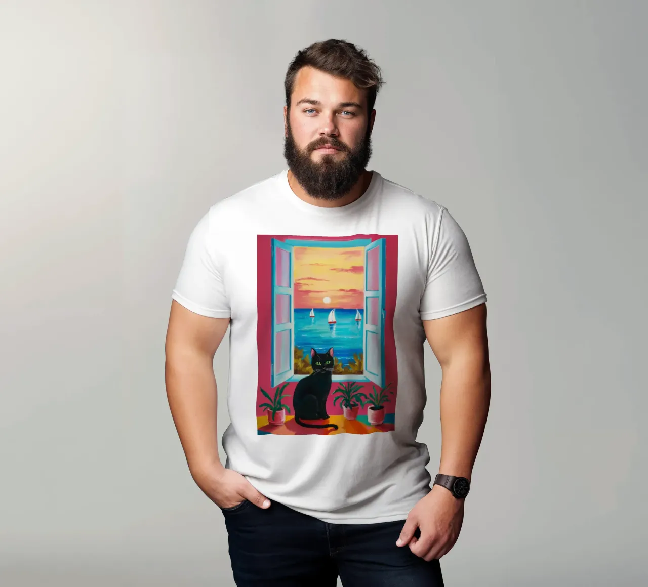 Cat Window on the Sea t-shirt by Flock Reverie