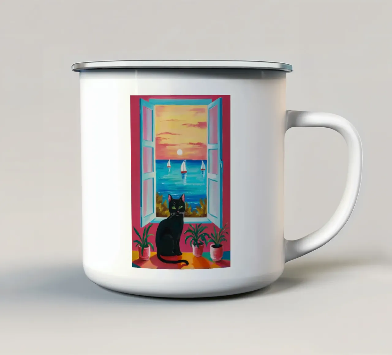 Gatto Finestra sul mare tazza in smalto da Flock Reverie