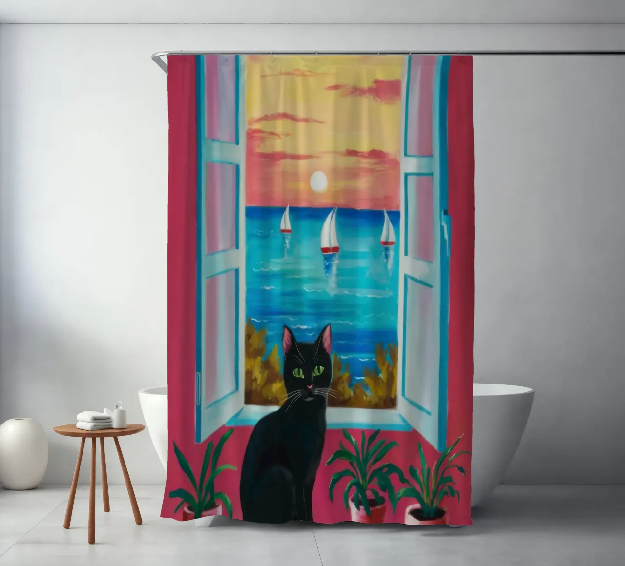 Katze Fenster zum Meer Duschvorhang von Flock Reverie