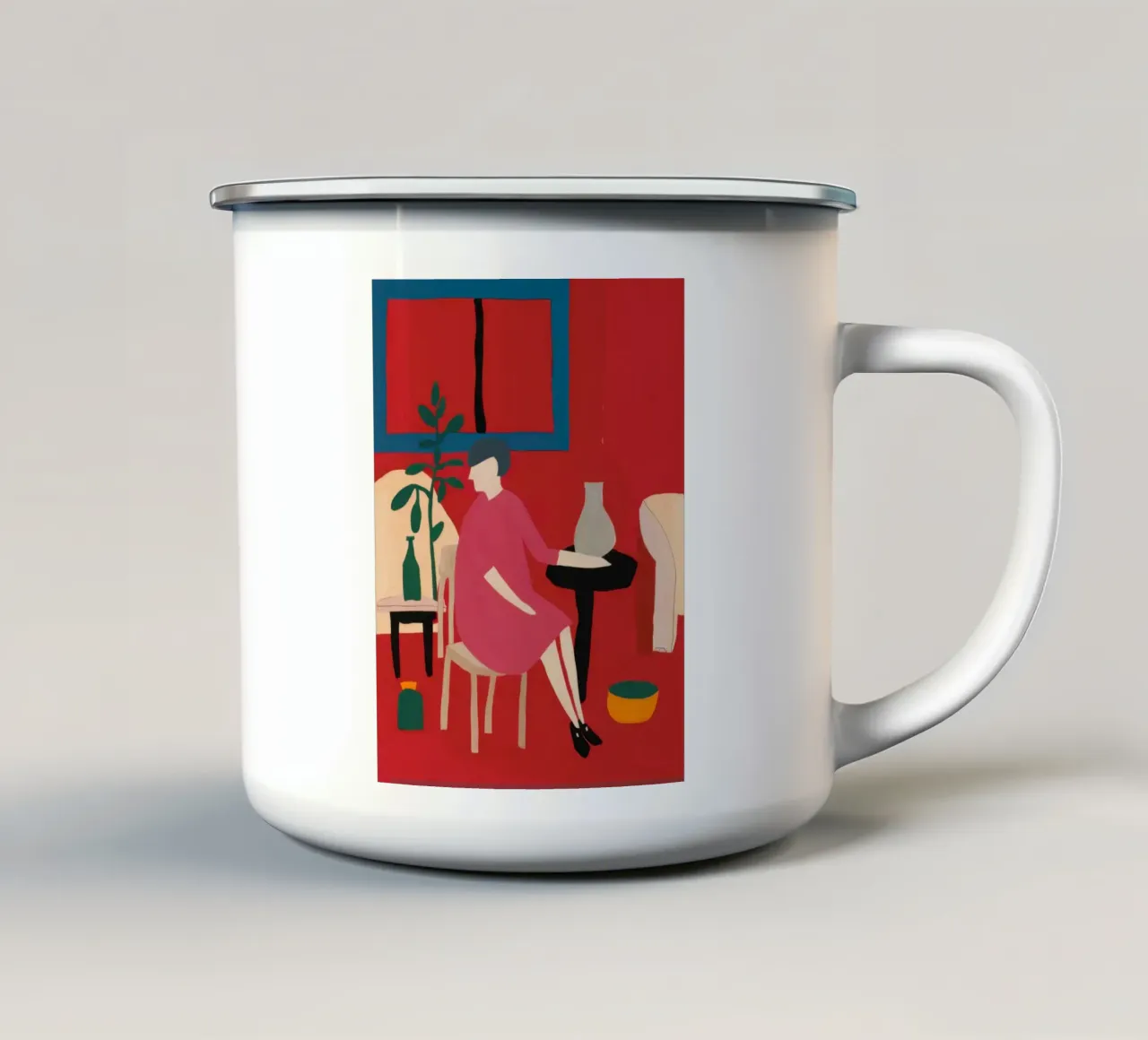 Donna in camera rossa tazza in smalto da Flock Reverie