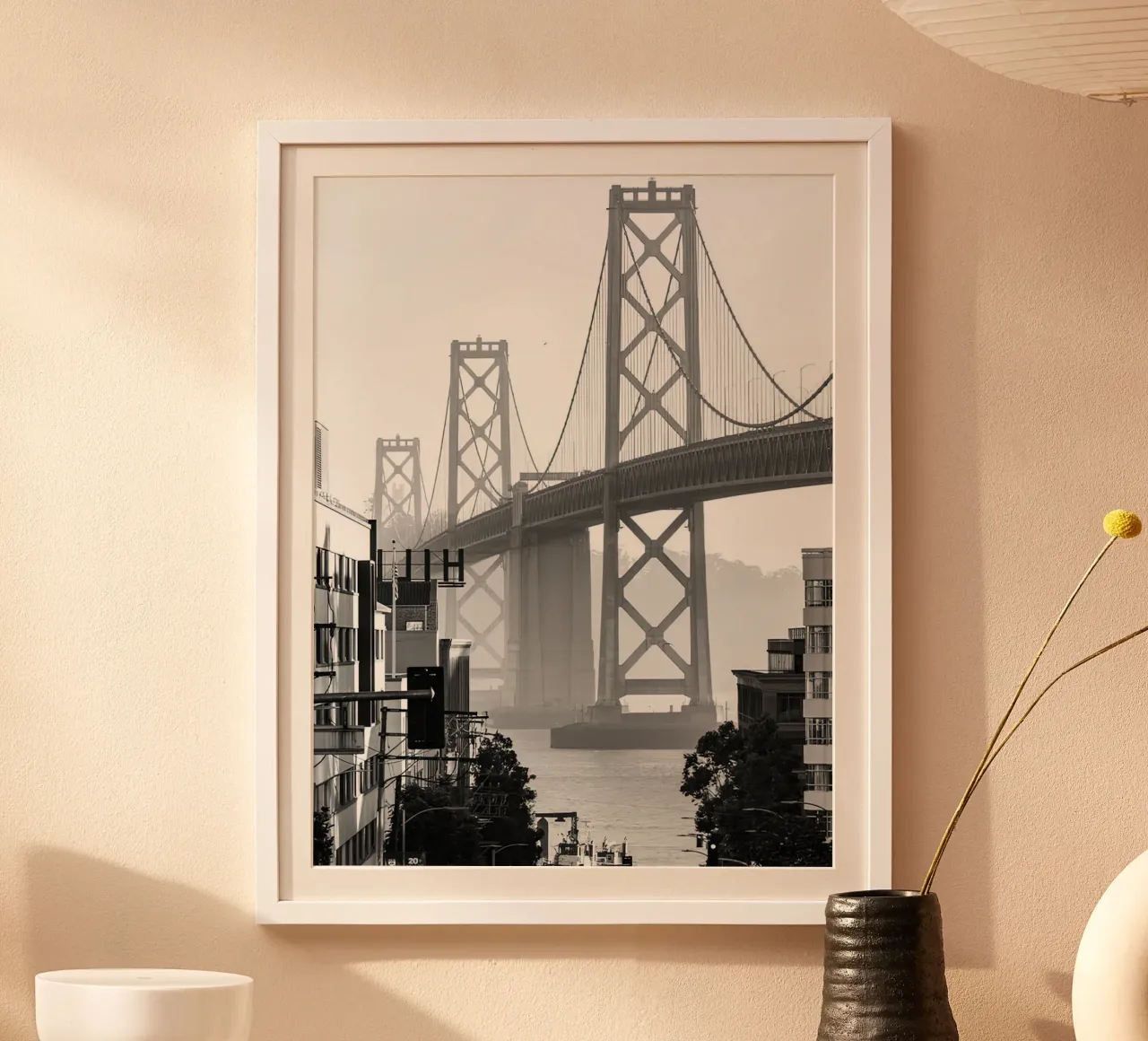 Bay Bridge Black and White poster with aluminum frame by Black And White