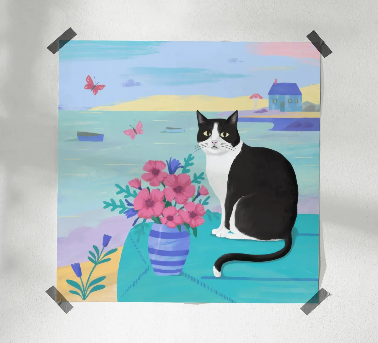 Tuin van de smoking kat poster met kunststof frame van Ink Pulse