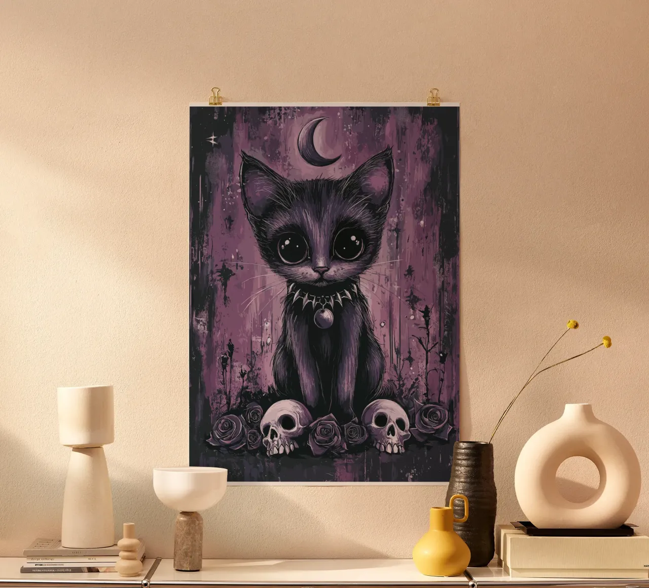 Gatto gotico dall'aspetto mistico poster con telaio in alluminio da pixelbull - medieval art and more