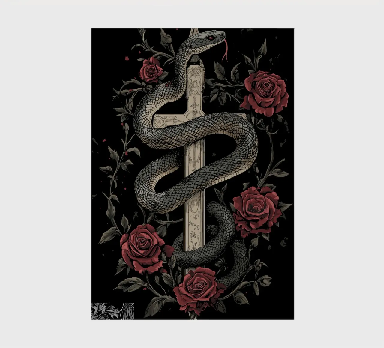 Serpent gothique autour d'une croix avec des roses carnet de notes de pixelbull - medieval art and more