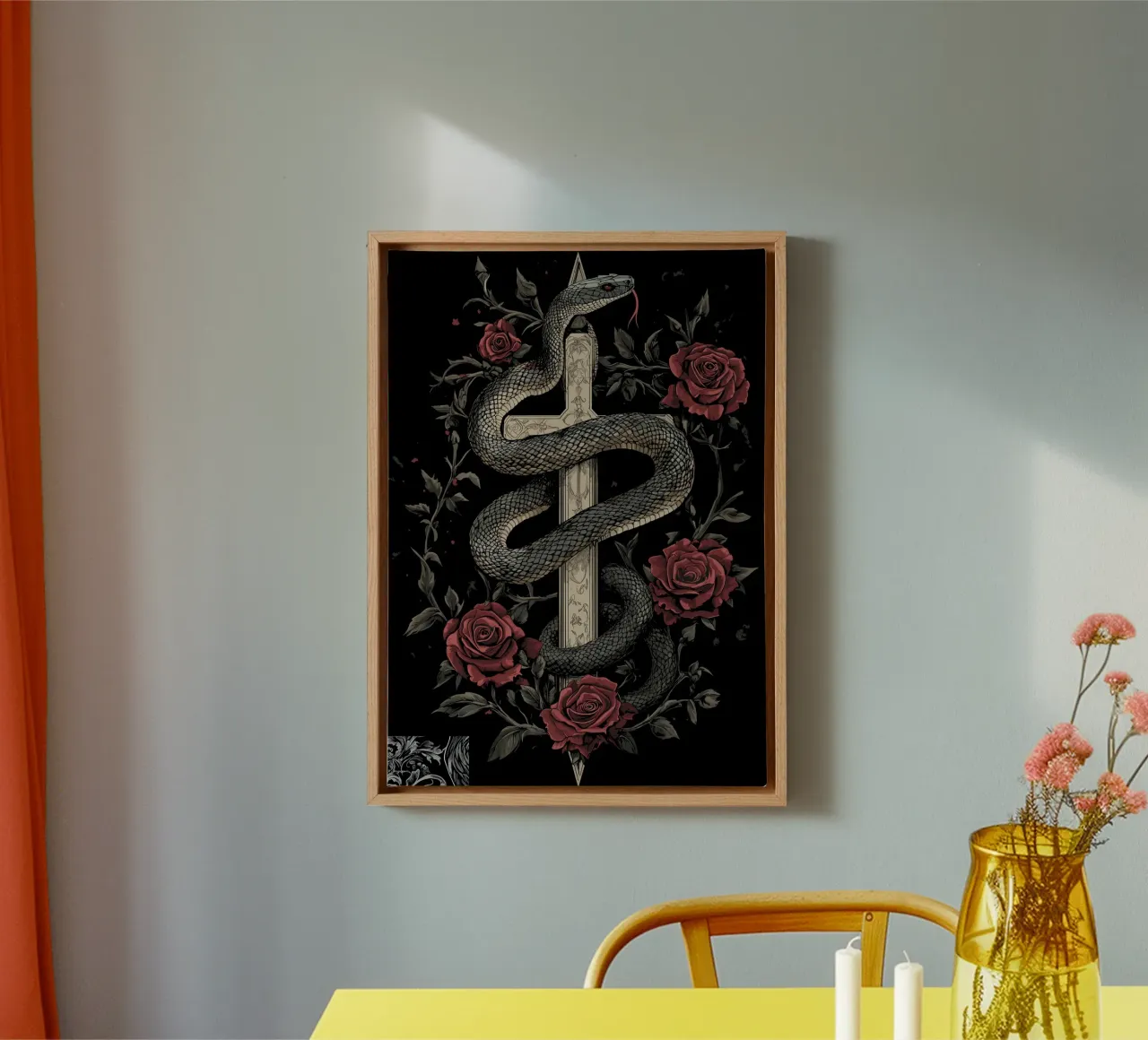 Gothic snake around cross with roses canvas with Floater frame by pixelbull - medieval art and more