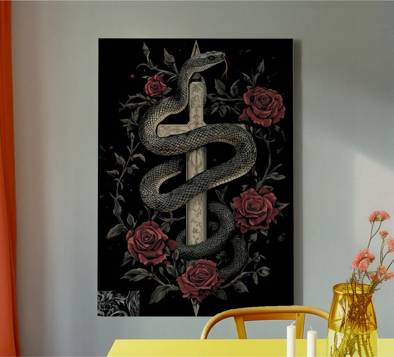Gothic snake around cross with roses canvas with Floater frame by pixelbull - medieval art and more