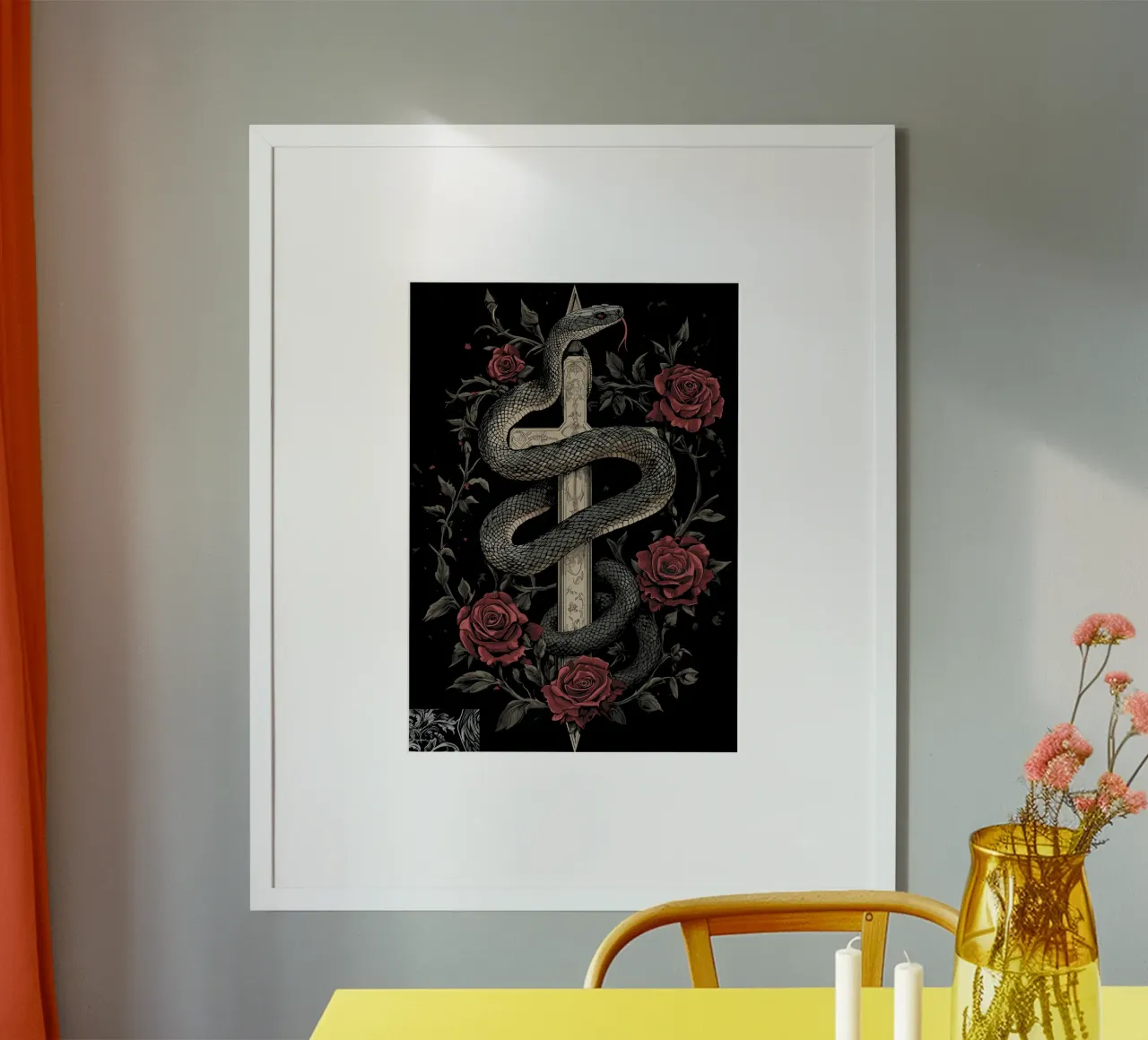 Gothic snake around cross with roses poster by pixelbull - medieval art and more