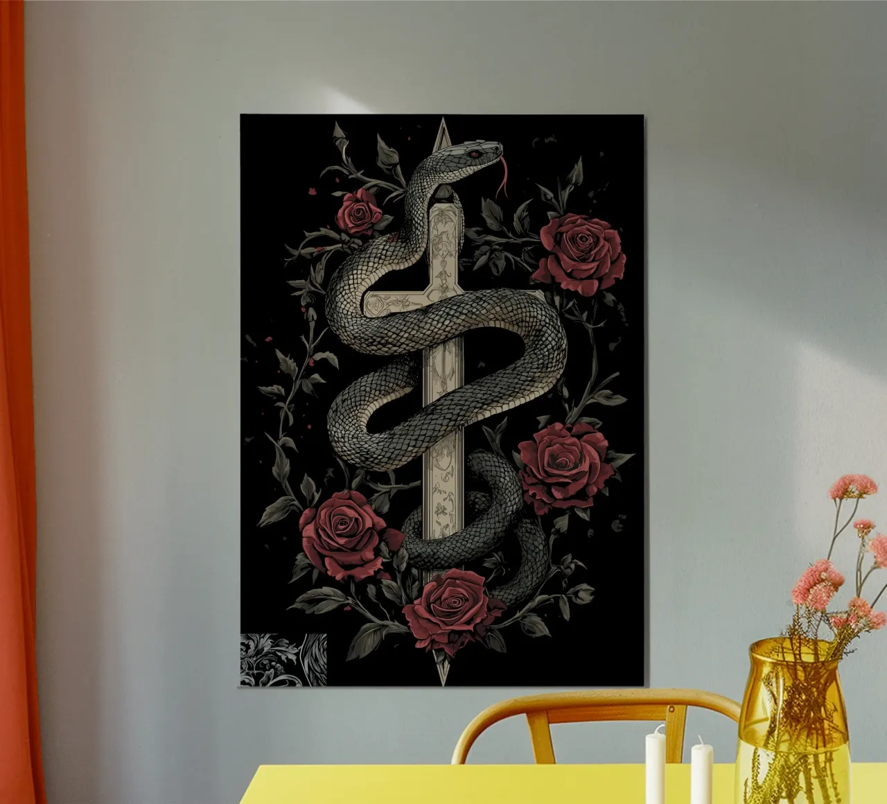 Gothic snake around cross with roses poster by pixelbull - medieval art and more