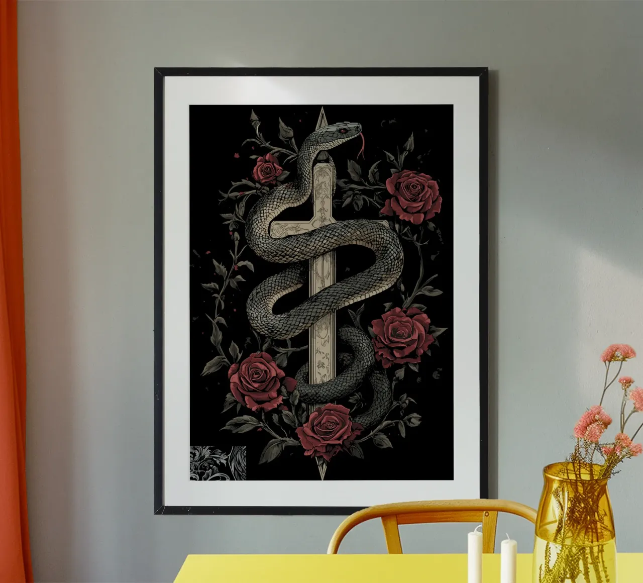 Gothic snake around cross with roses poster by pixelbull - medieval art and more