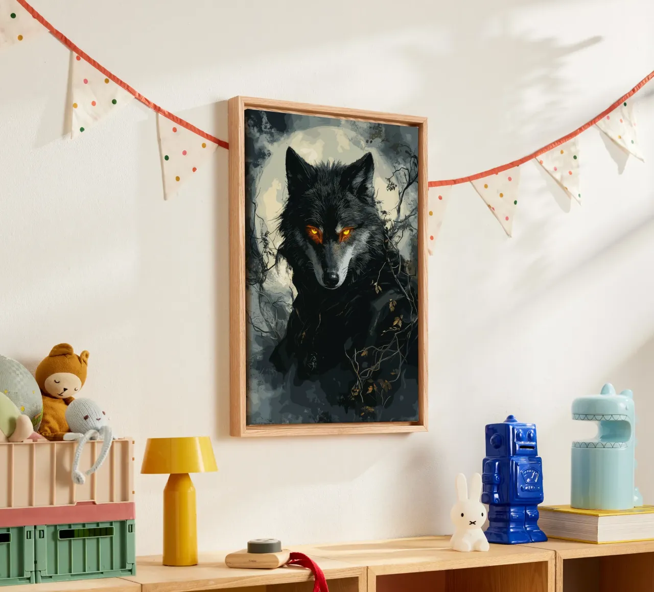 Lupo gotico con occhi ardenti al chiaro di luna tela con Cornice a cassetta da pixelbull - medieval art and more