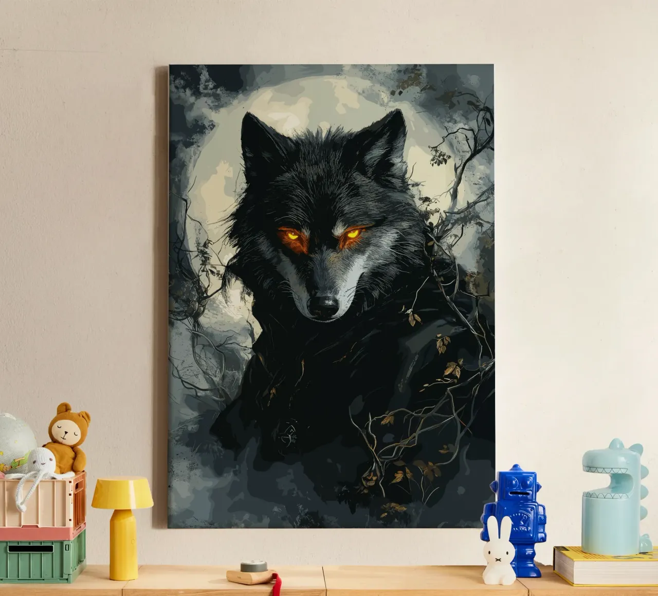 Lupo gotico con occhi ardenti al chiaro di luna tela con Cornice a cassetta da pixelbull - medieval art and more