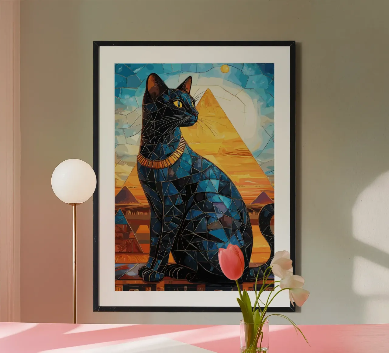 Dea gatto egiziana in stile mosaico poster con telaio in plastica da pixelbull - medieval art and more
