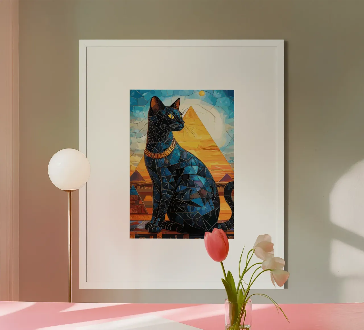 Dea gatto egiziana in stile mosaico poster con telaio in plastica da pixelbull - medieval art and more