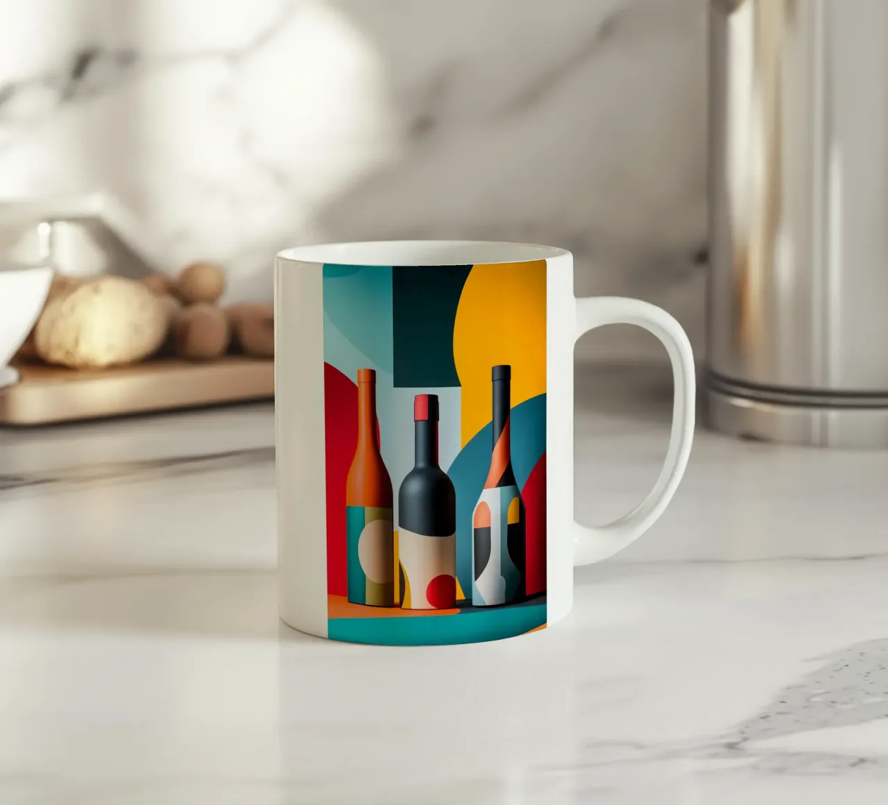 Bottiglie astratte dai colori vivaci tazza in ceramica da pixelbull - medieval art and more