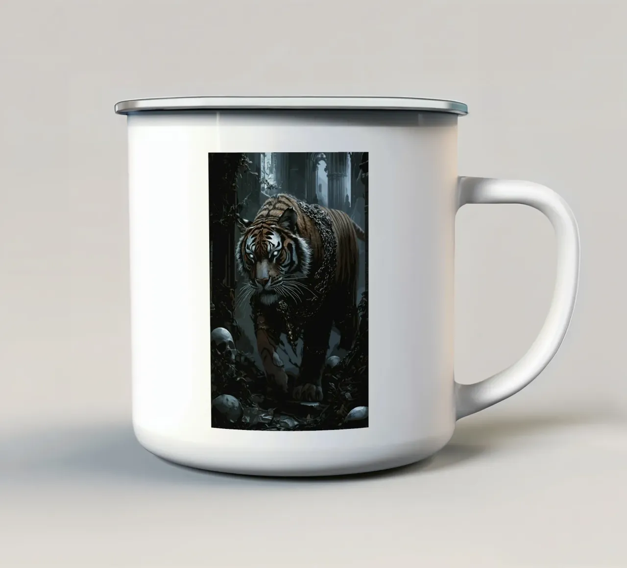 Tigre in una rovina buia con catene tazza in smalto da pixelbull - medieval art and more