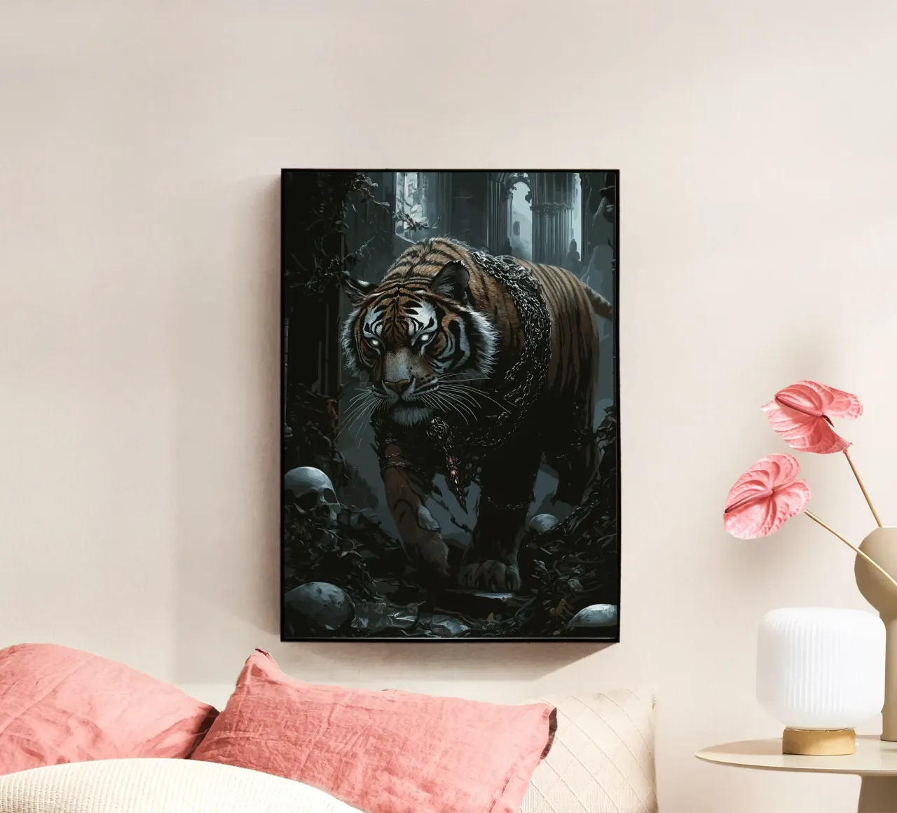 Tigre in una rovina buia con catene plexiglass da pixelbull - medieval art and more