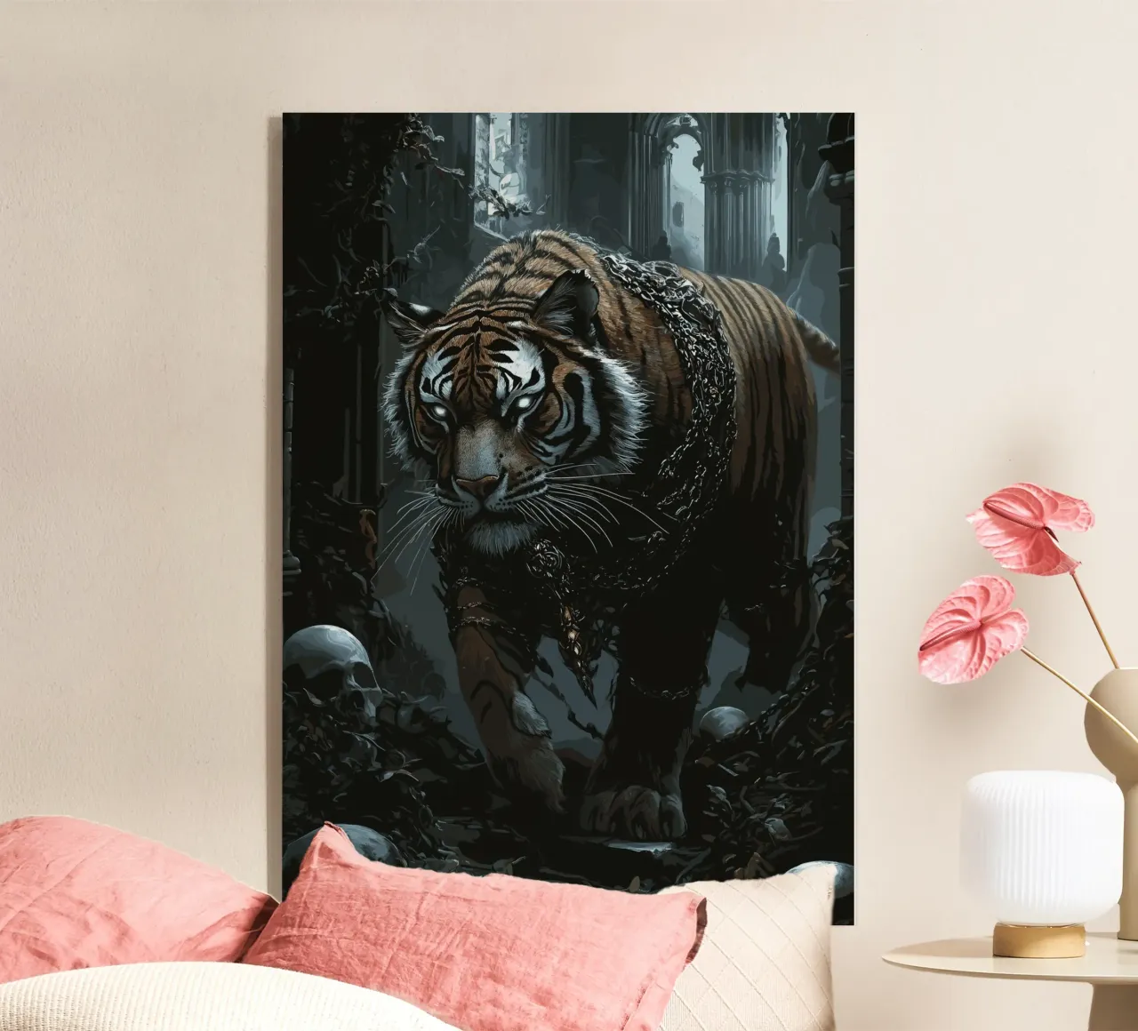 Tigre in una rovina buia con catene plexiglass da pixelbull - medieval art and more