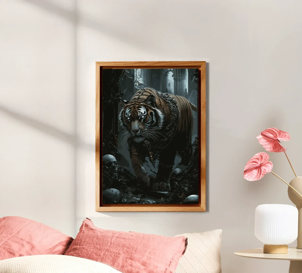 Tigre in una rovina buia con catene alluminio dibond da pixelbull - medieval art and more