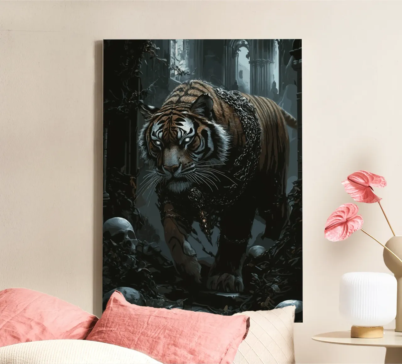 Tiger in a dark ruin with chains canvas by pixelbull - medieval art and more