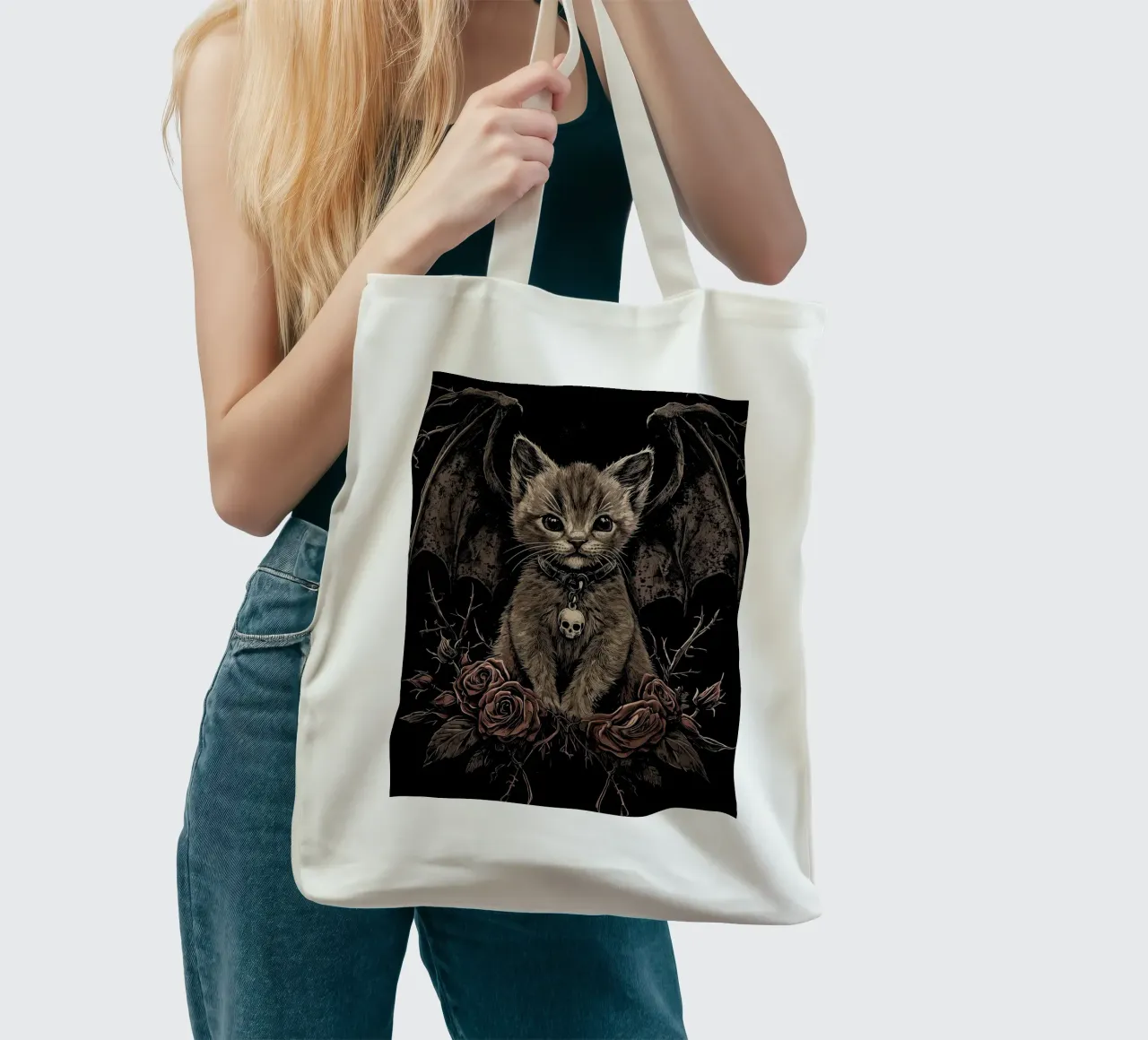 Gothic kitten with wings and roses tote bag by pixelbull - medieval art and more