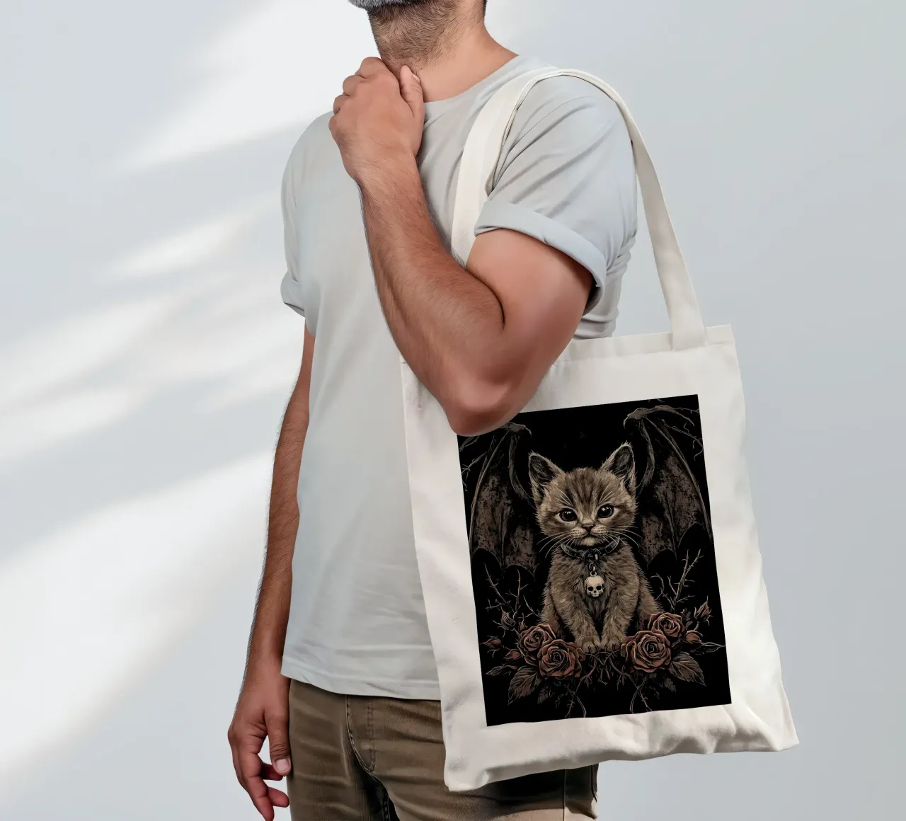 Gothic kitten with wings and roses tote bag by pixelbull - medieval art and more