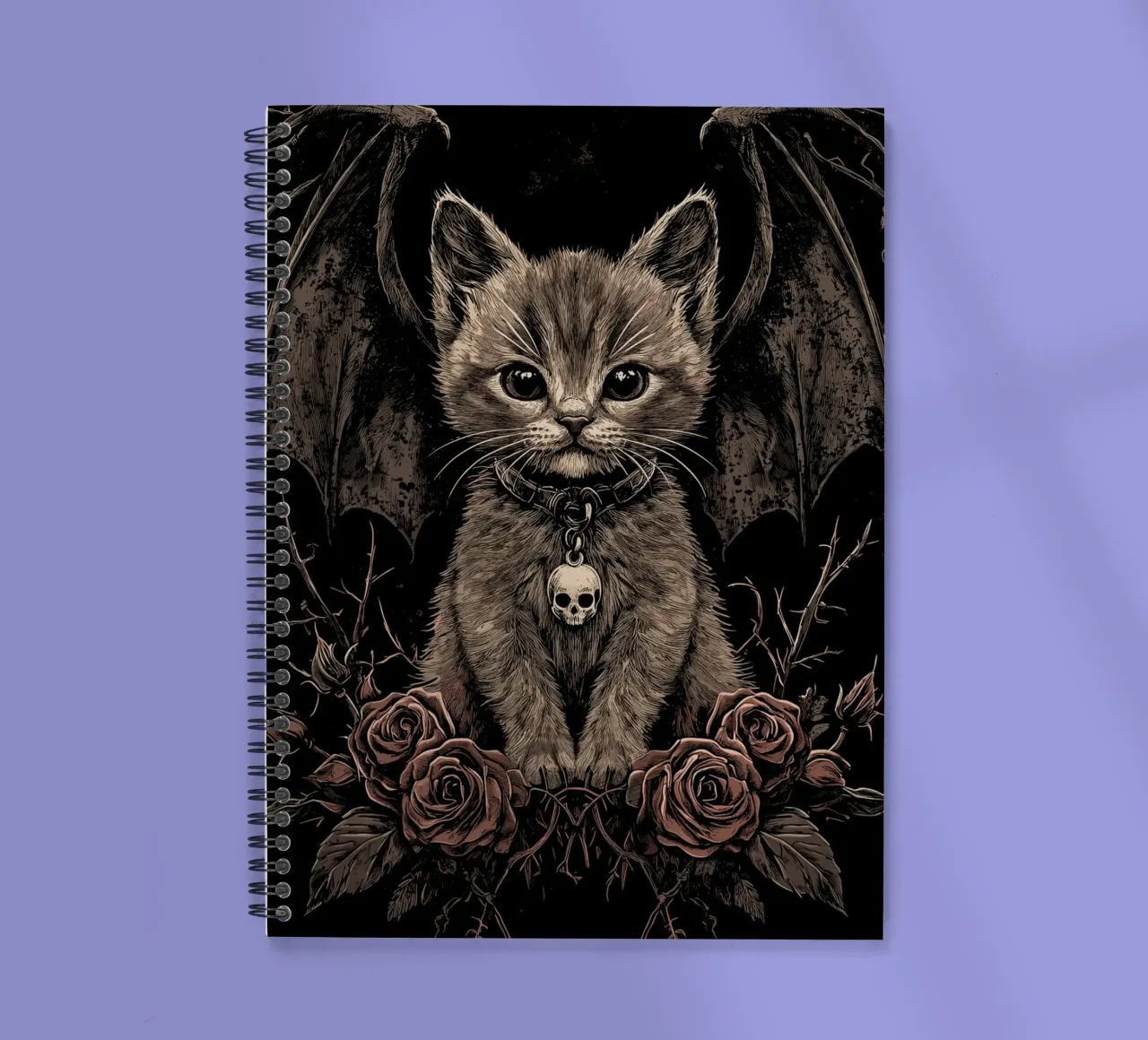 Gothic kitten with wings and roses spiral notebook by pixelbull - medieval art and more