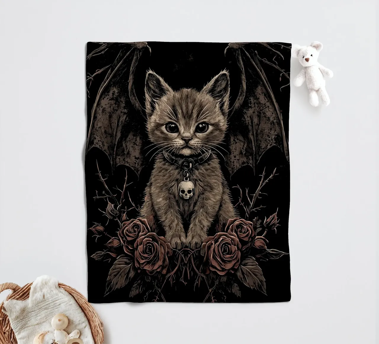 Gattino gotico con ali e rose coperta in pile da pixelbull - medieval art and more