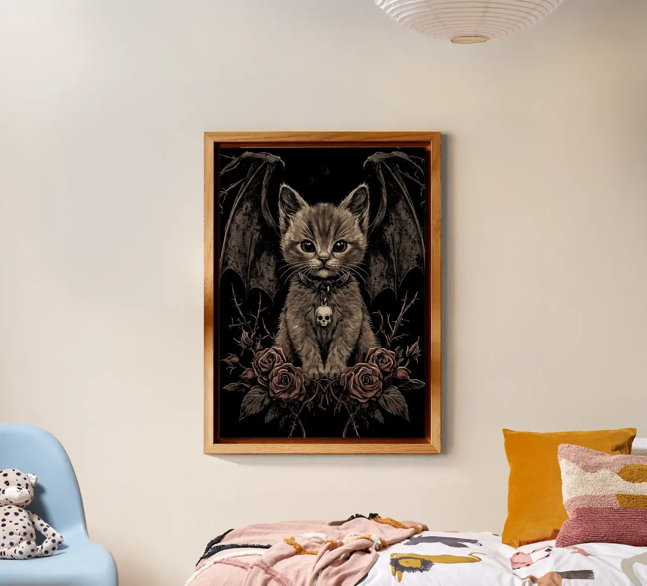 Gattino gotico con ali e rose alluminio dibond da pixelbull - medieval art and more
