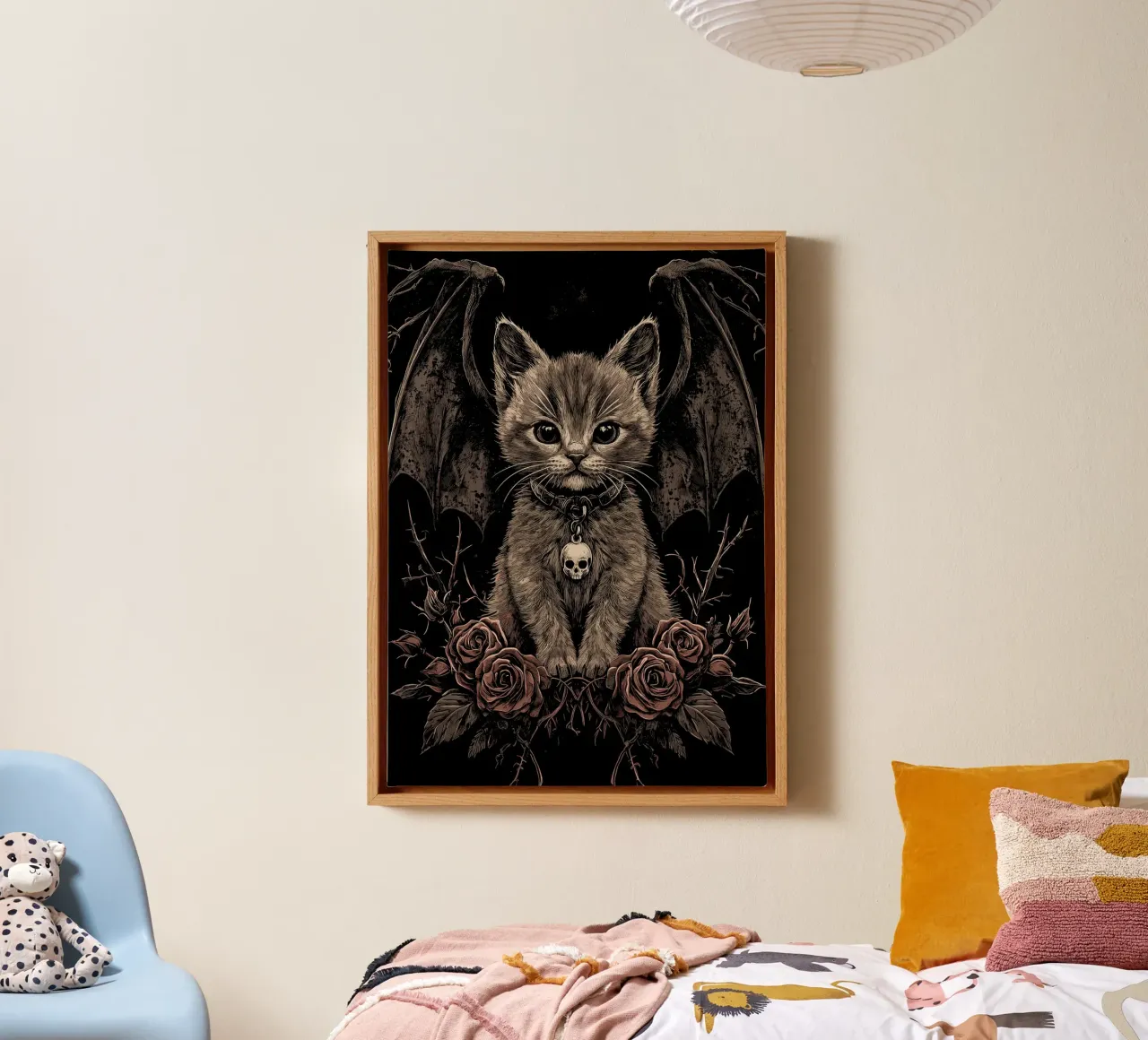 Gothic kitten with wings and roses canvas with Floater frame by pixelbull - medieval art and more