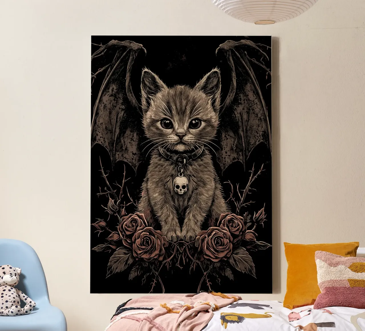 Gothic kitten with wings and roses canvas with Floater frame by pixelbull - medieval art and more
