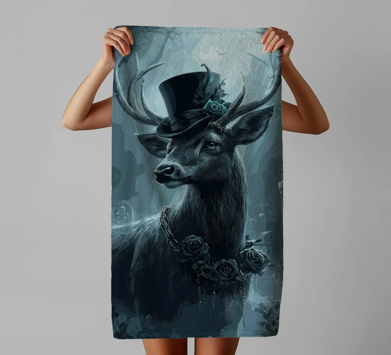 Elegant stag with top hat in the cloud forest towel by pixelbull - medieval art and more