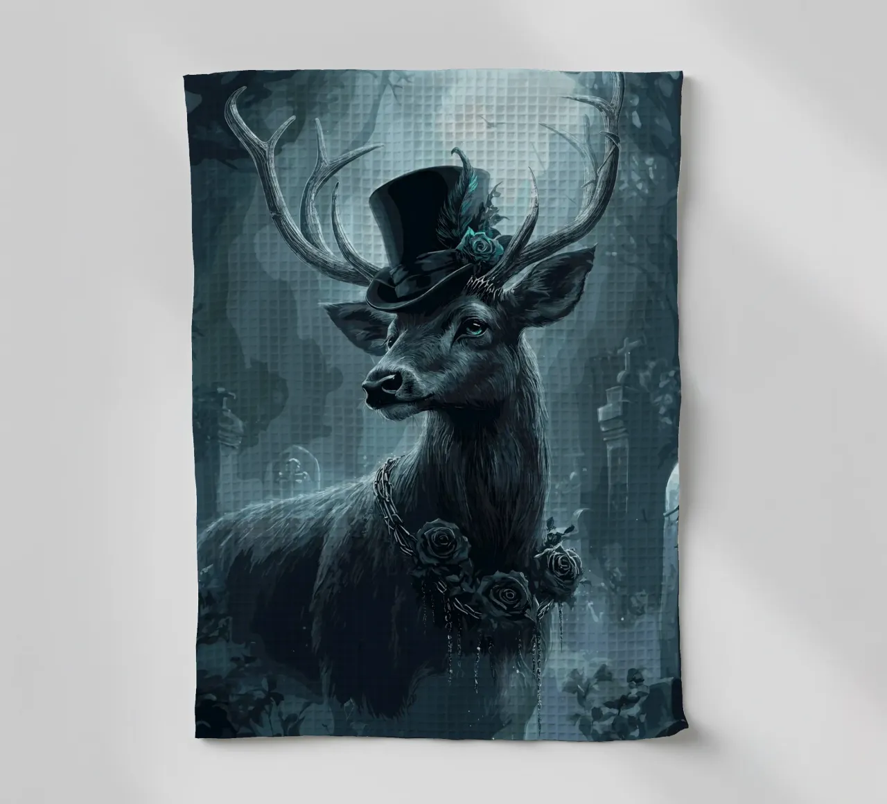 Cerf élégant avec haut-de-forme dans la forêt de brouillard torchon de pixelbull - medieval art and more