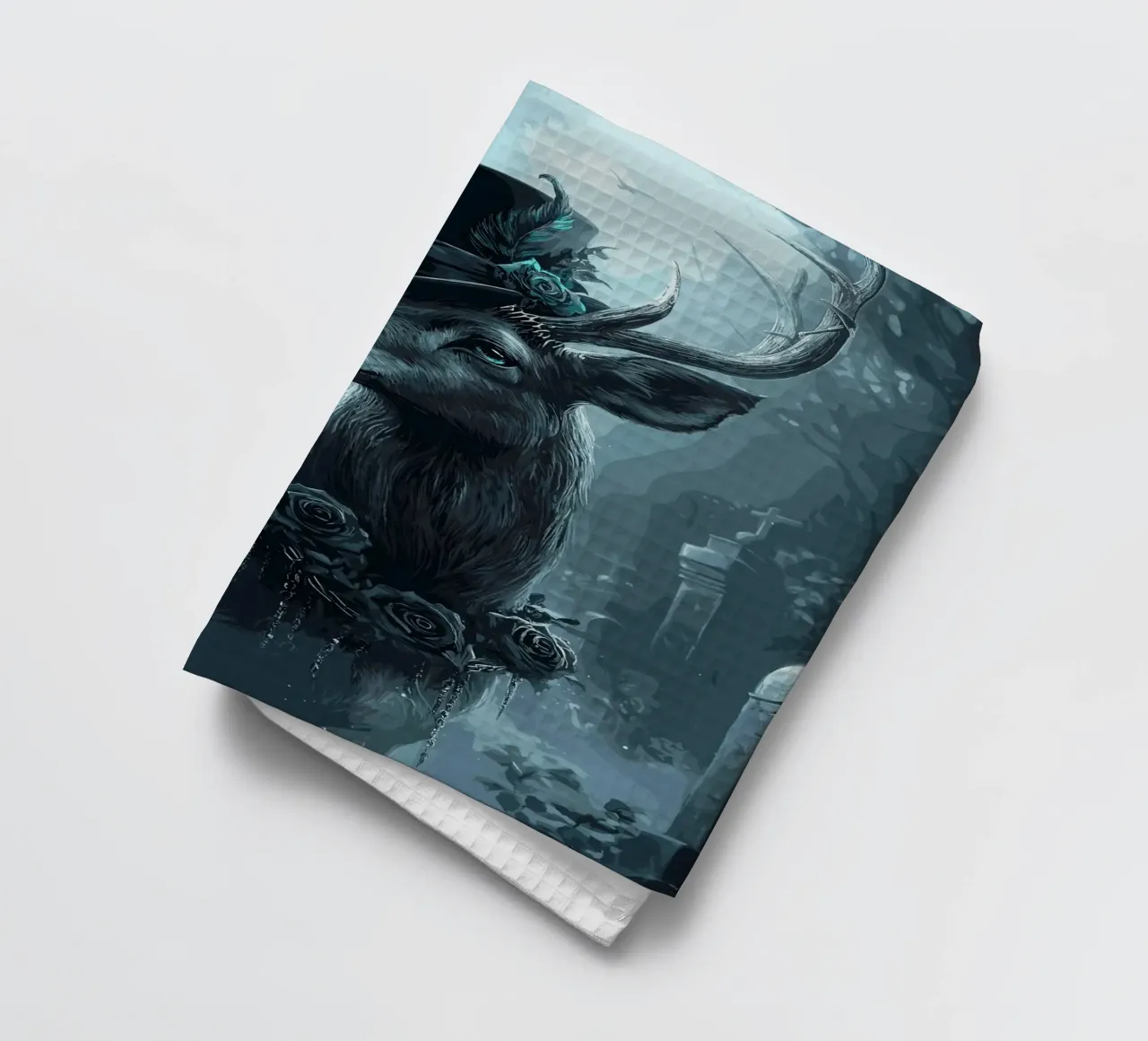 Cerf élégant avec haut-de-forme dans la forêt de brouillard torchon de pixelbull - medieval art and more