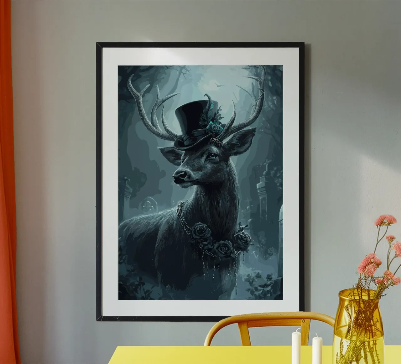Cerf élégant avec haut-de-forme dans la forêt de brouillard poster de pixelbull - medieval art and more