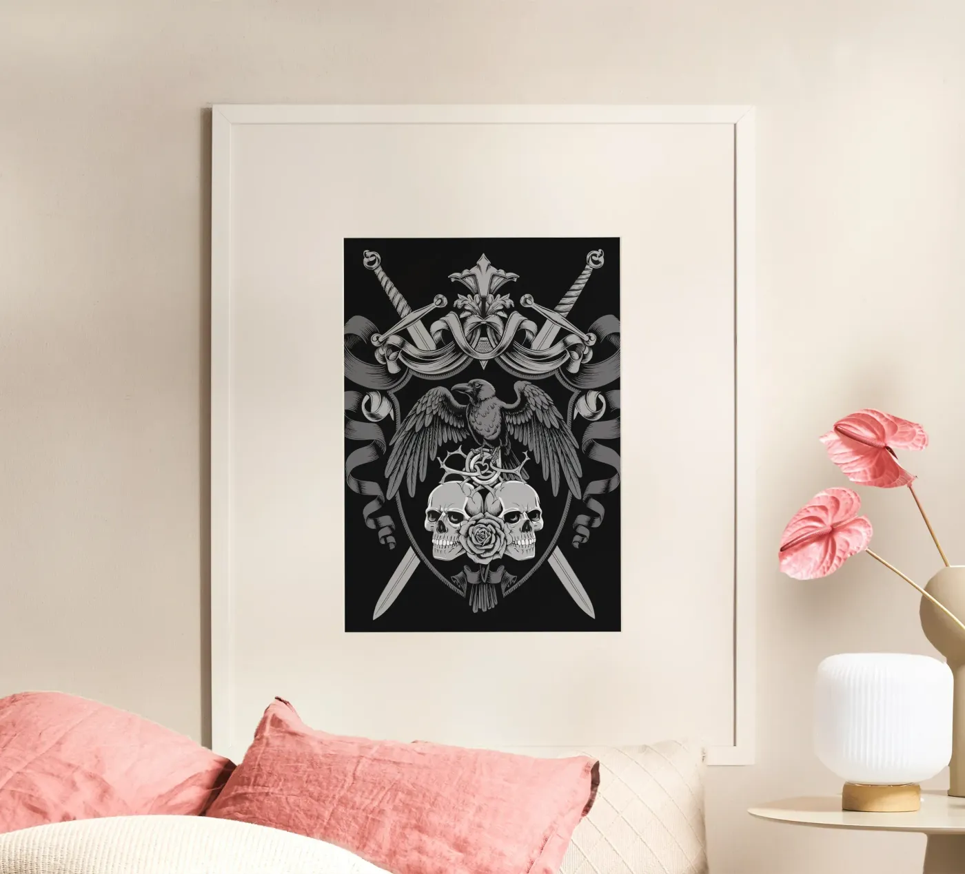 Coat of arms with raven and skulls poster van pixelbull - medieval art and more