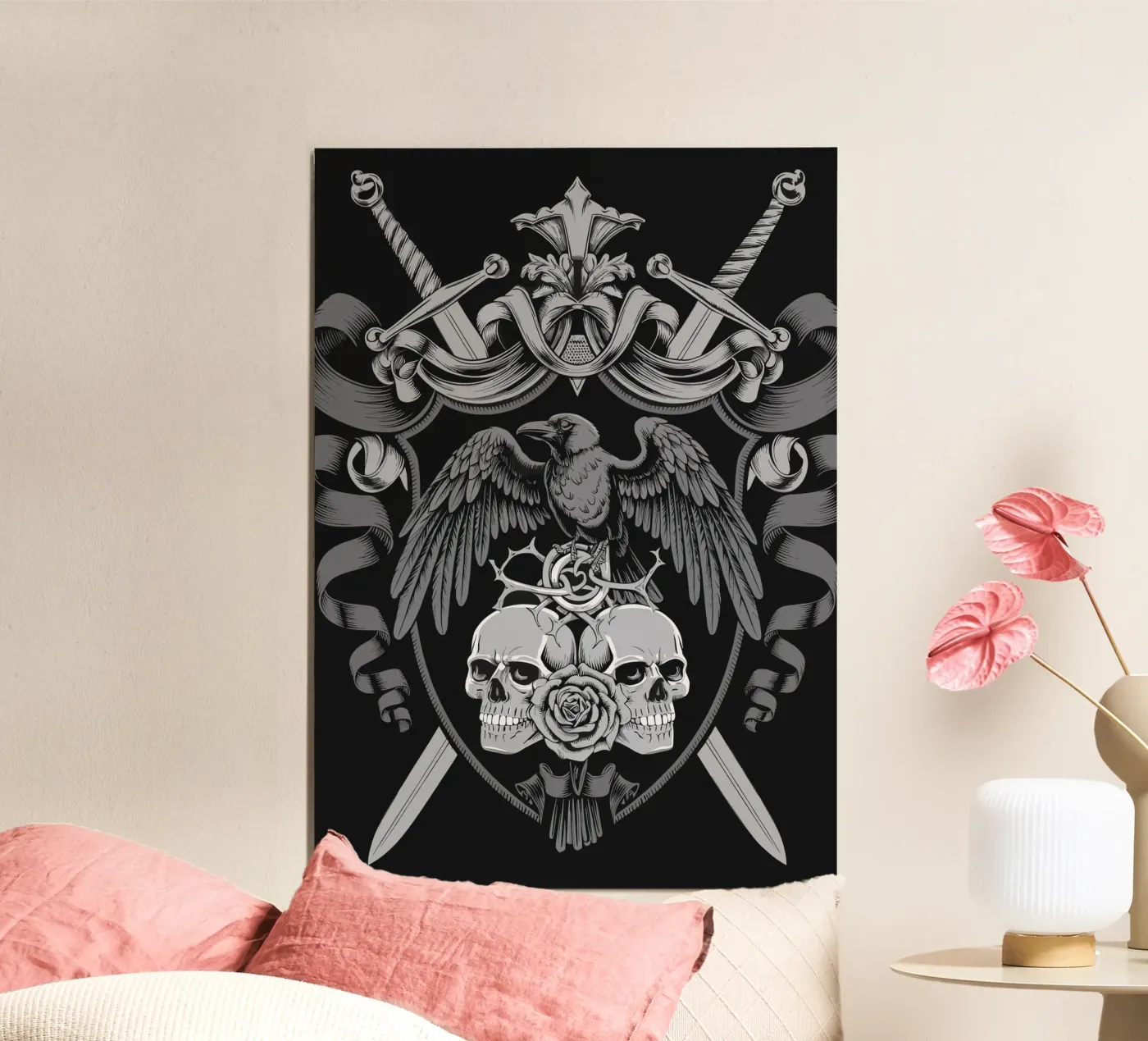 Coat of arms with raven and skulls poster van pixelbull - medieval art and more