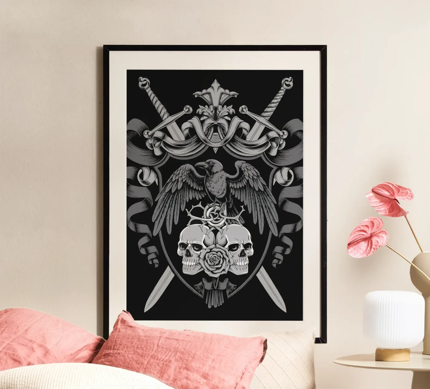 Coat of arms with raven and skulls poster van pixelbull - medieval art and more