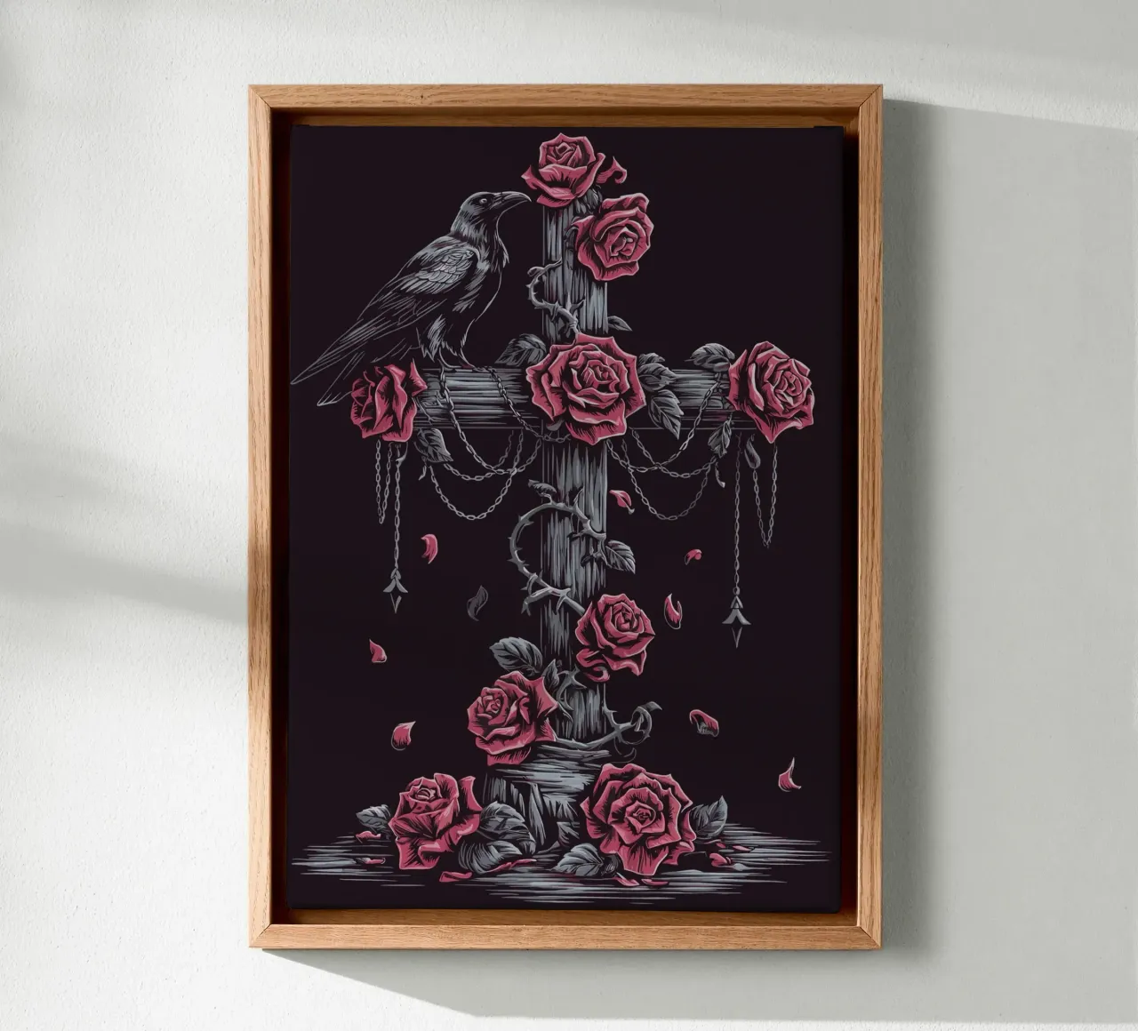 Raven with roses and gothic cross canvas with Floater frame by pixelbull - medieval art and more