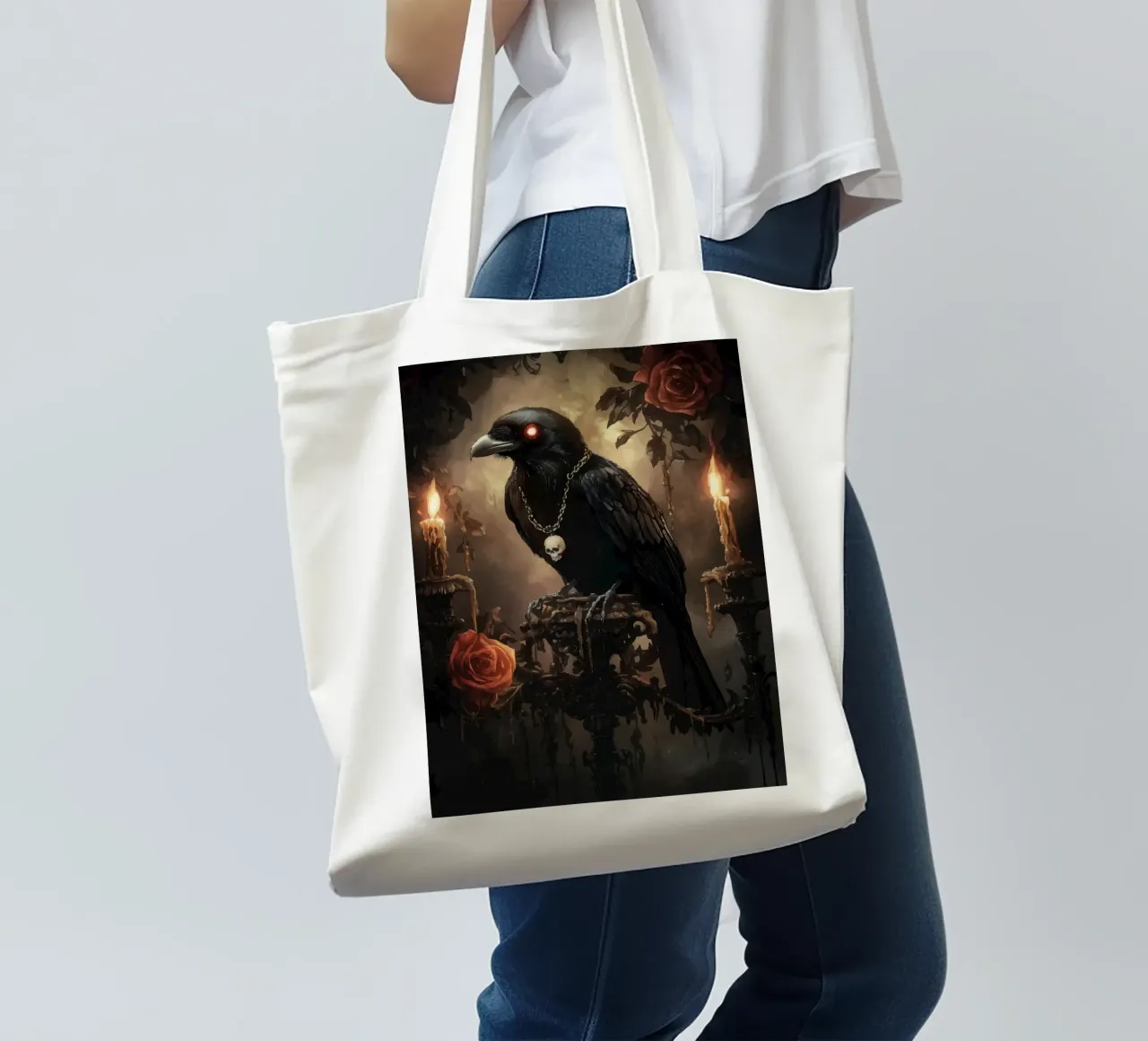 Raven with shining eyes and roses tote bag by pixelbull - medieval art and more
