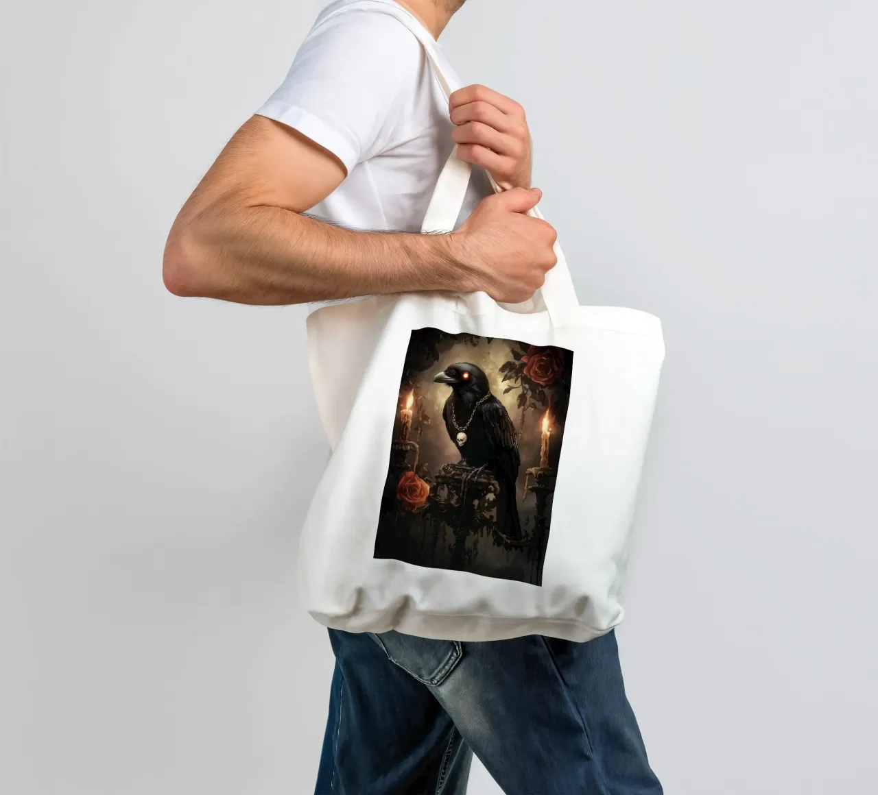 Raven with shining eyes and roses tote bag by pixelbull - medieval art and more