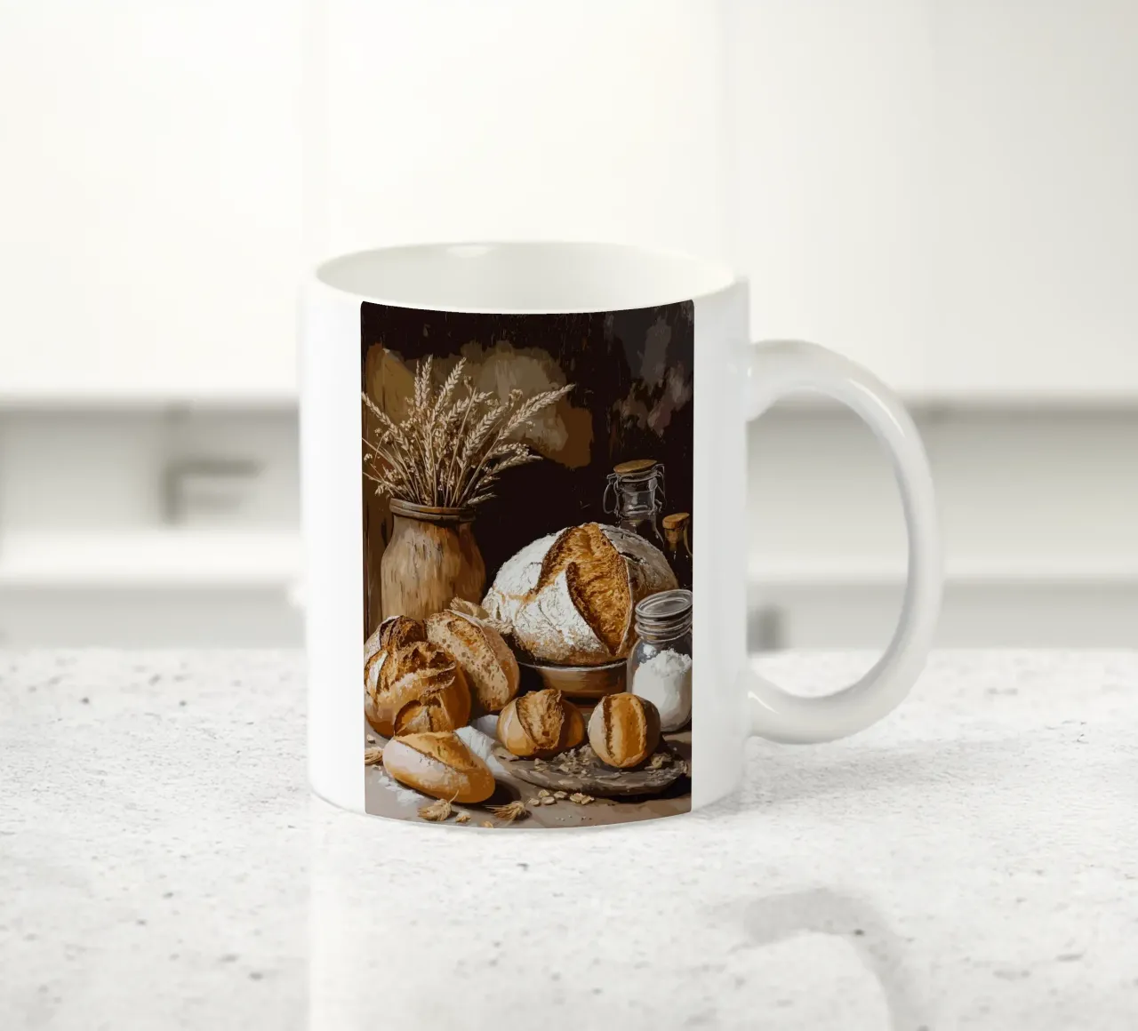 Natura morta rustica con pane e cereali tazza in ceramica da pixelbull - medieval art and more