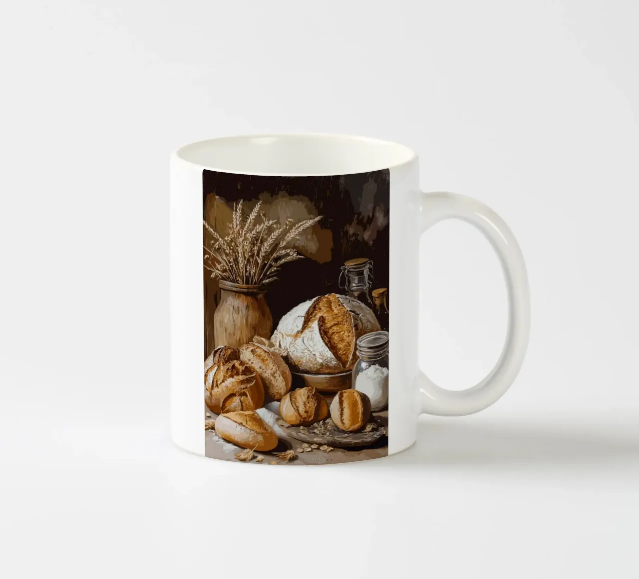 Natura morta rustica con pane e cereali tazza in ceramica da pixelbull - medieval art and more