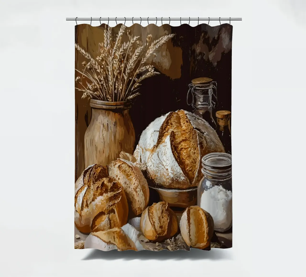 Natura morta rustica con pane e cereali tenda da doccia da pixelbull - medieval art and more