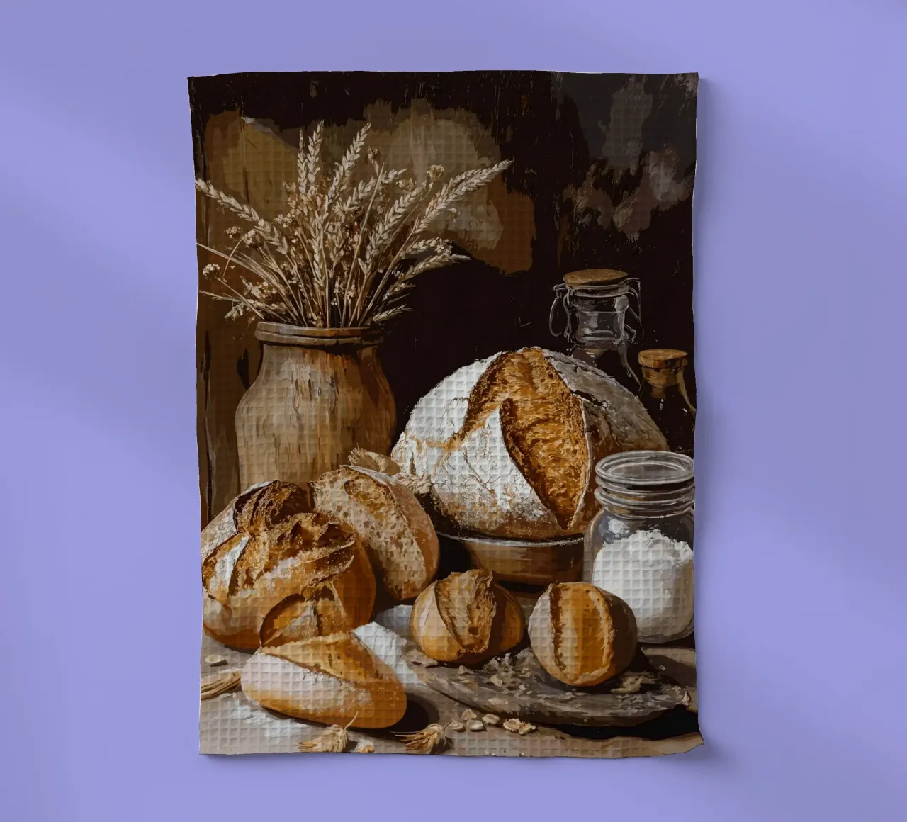 Rustic still life with bread and grain tea towel by pixelbull - medieval art and more