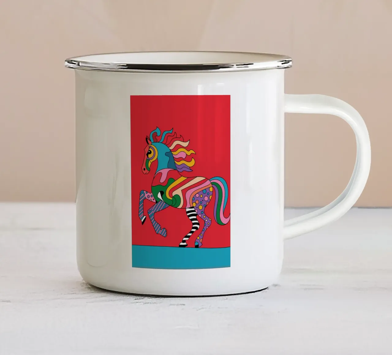 Cavallo astratto e colorato su sfondo rosso tazza in smalto da pixelbull - medieval art and more
