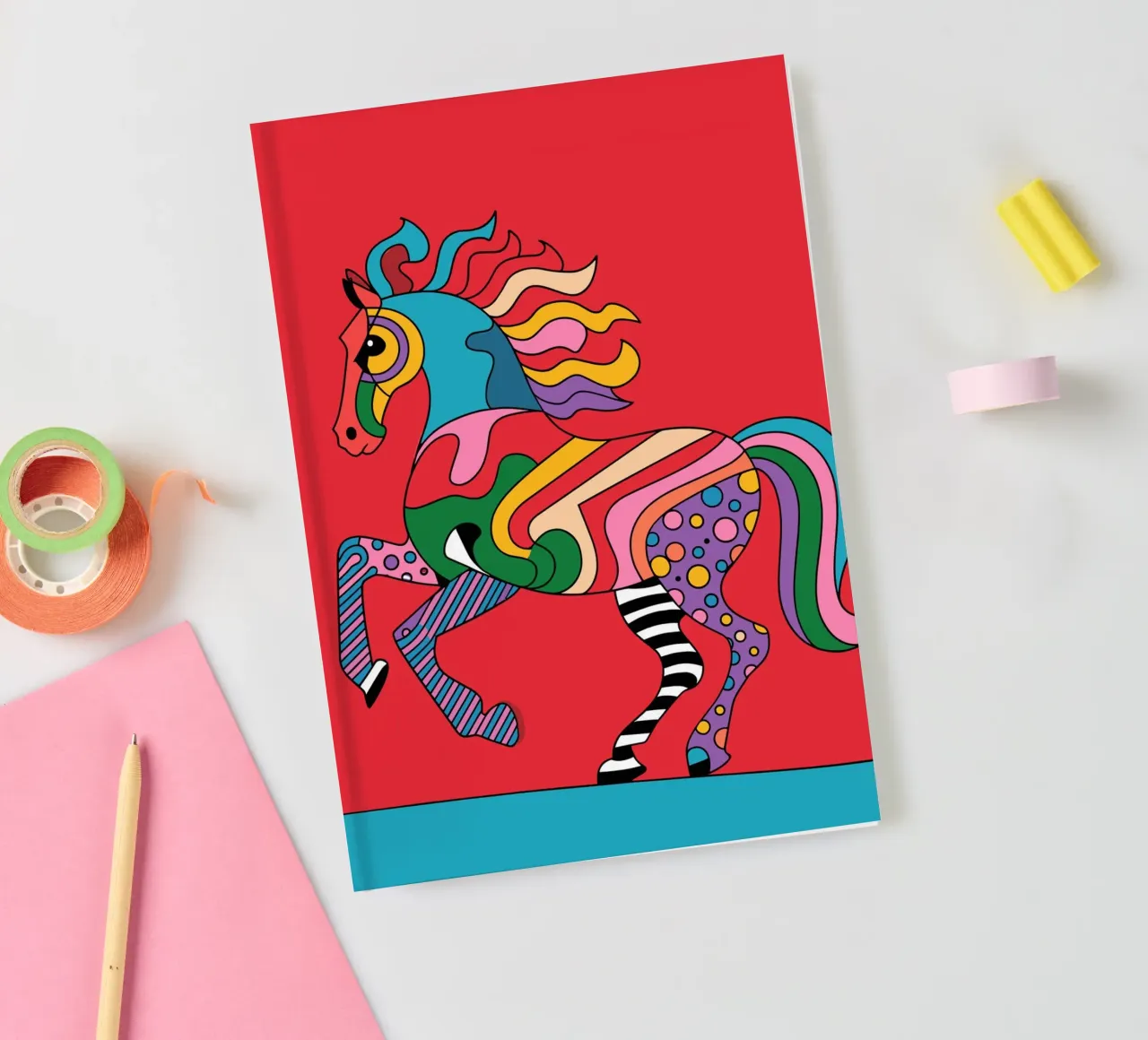 Abstract, colourful horse on a red background notebook by pixelbull - medieval art and more