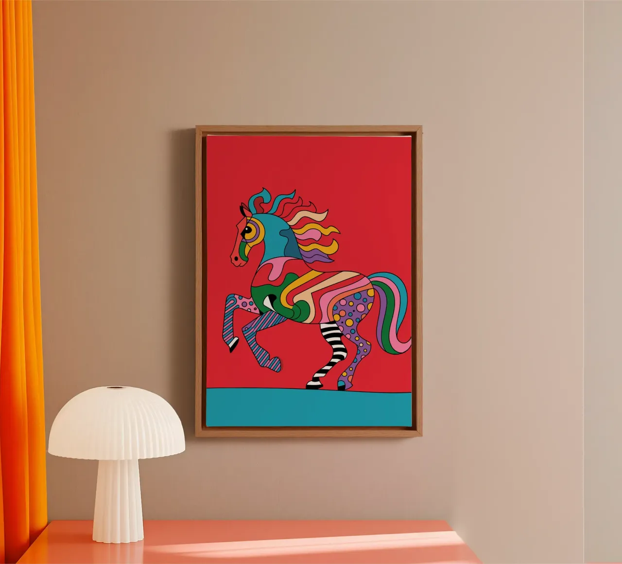 Abstract, colourful horse on a red background canvas with Floater frame by pixelbull - medieval art and more