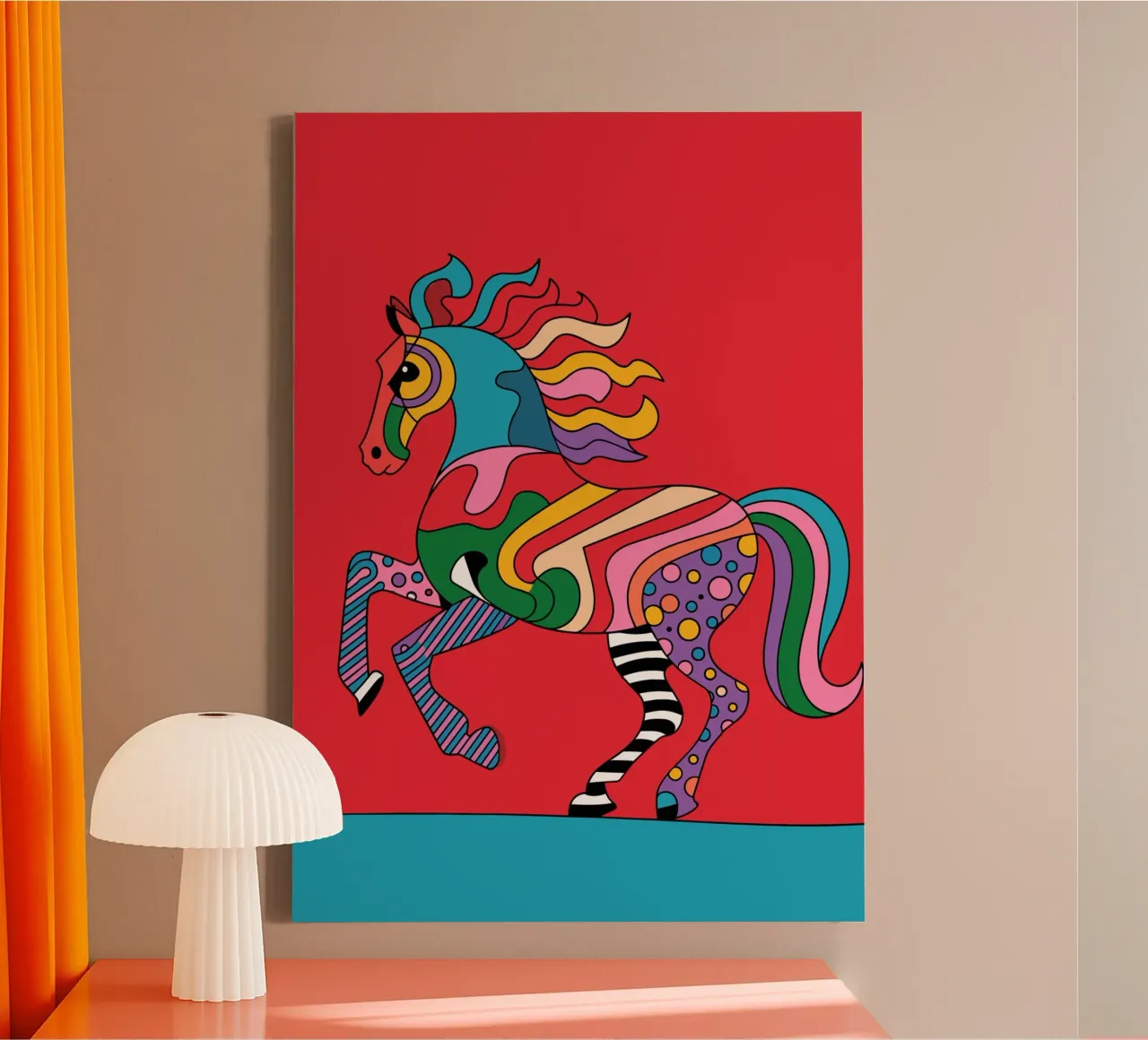 Abstract, colourful horse on a red background canvas with Floater frame by pixelbull - medieval art and more